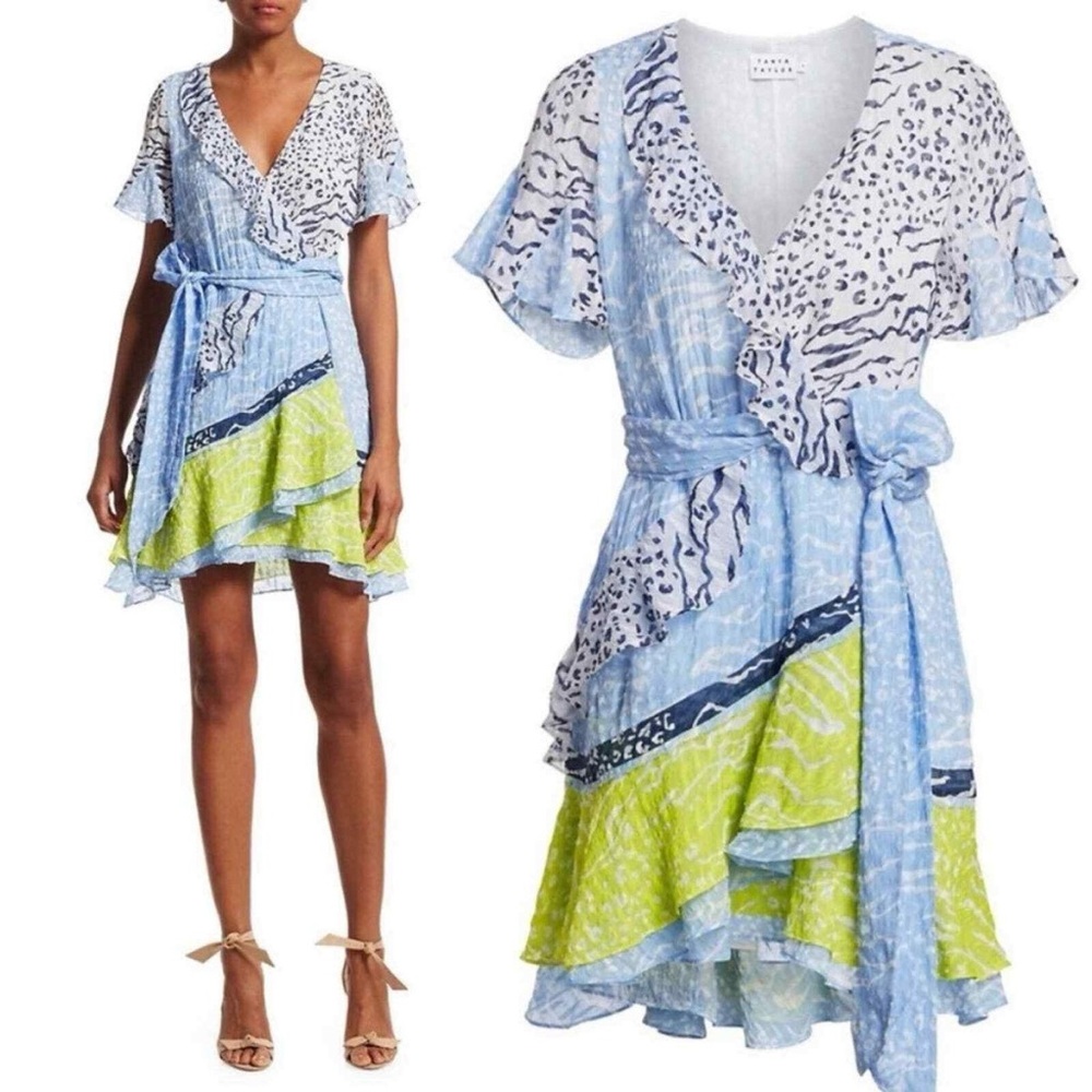 Tanya Taylor Dress Bianca Mini Wrap Leopard in Green Blue SIZE:4